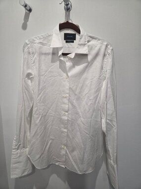 Fagonnable Women's White on White Stripe Button Down Shirt with French Cuffs  L
